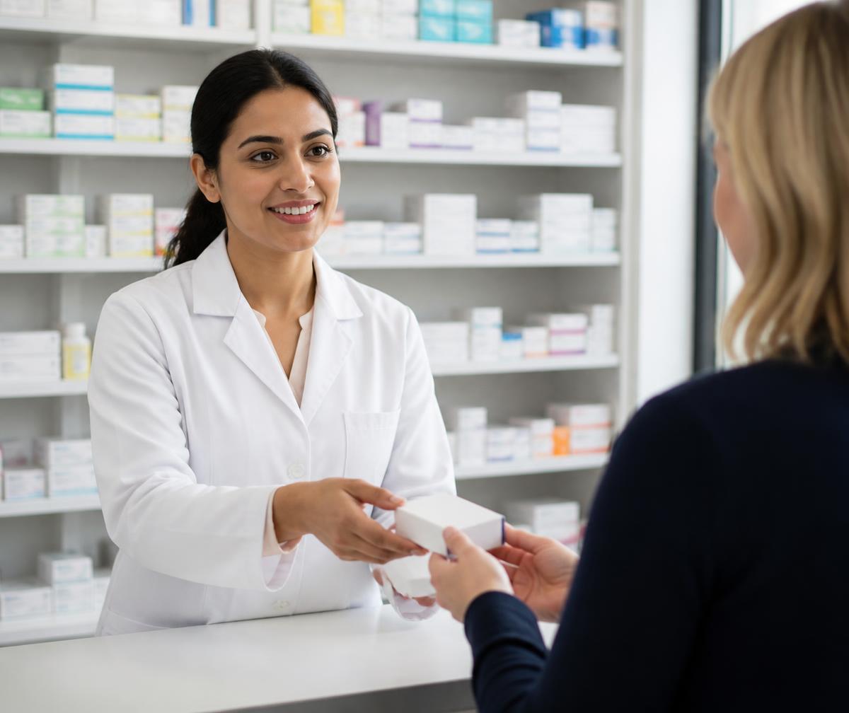 Kings Pharmacy pharmacist handing medication to a customer
