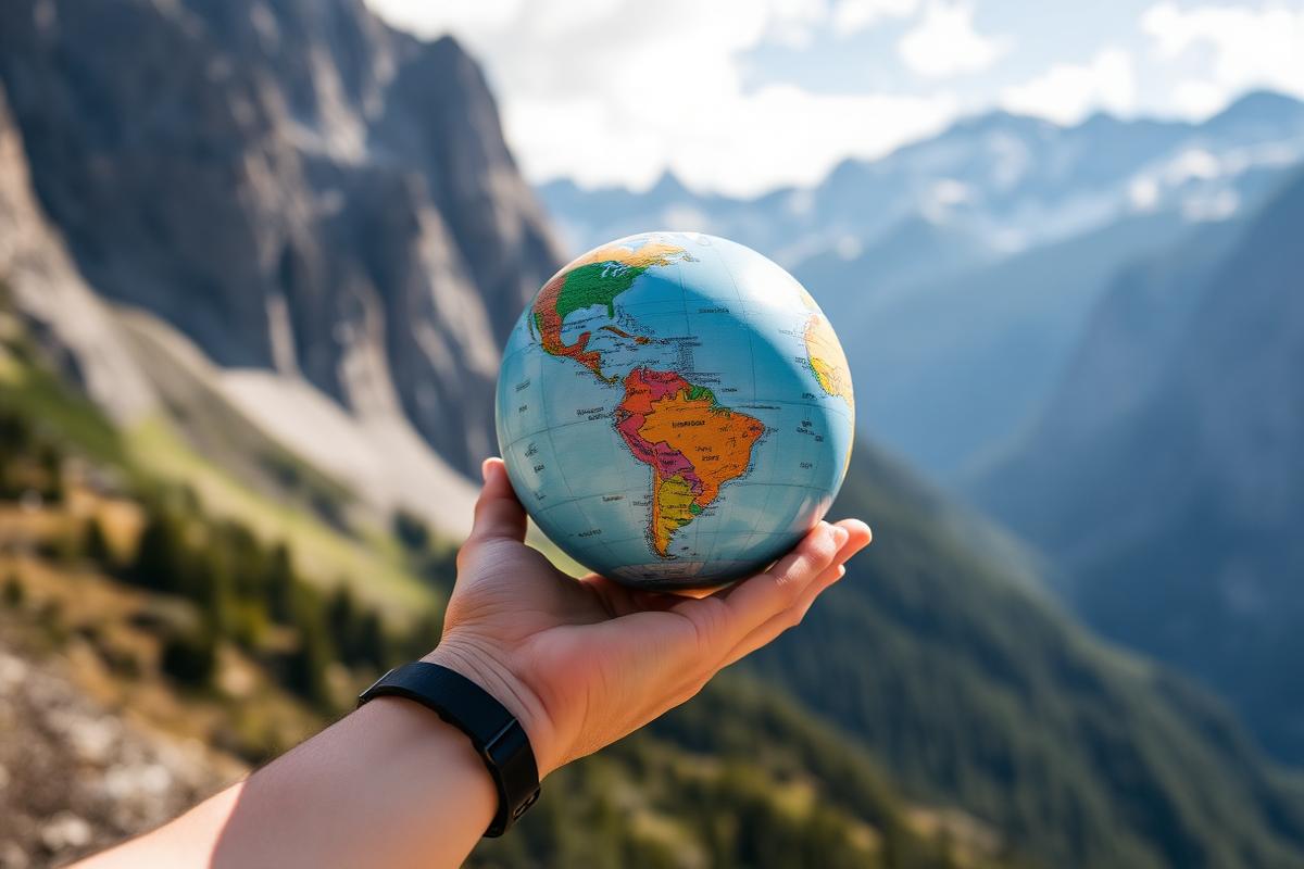 Hand holding a globe with mountains in the background