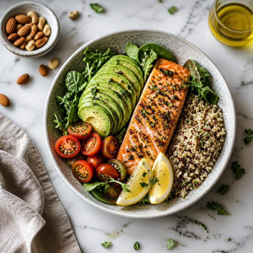 Fresh healthy salmon, avocado and quinoa bowl